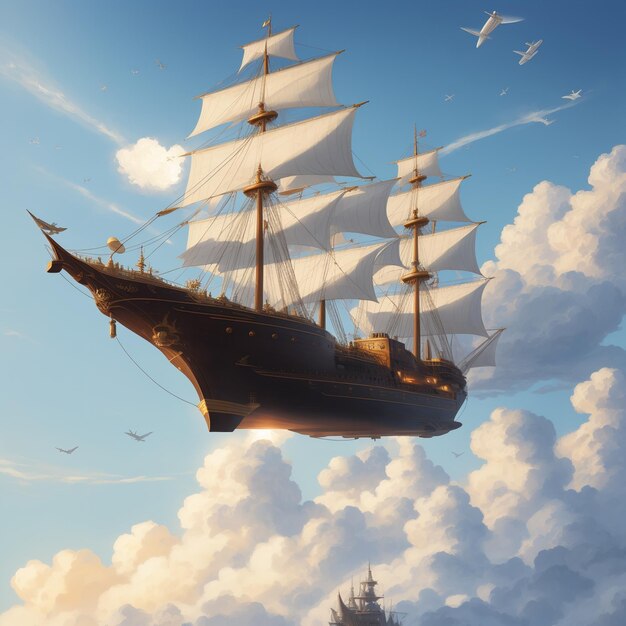 una pintura de un barco con las velas en alto y el cielo en el fondo.