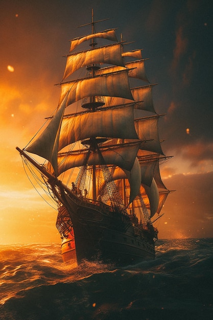 Una pintura de un barco con velas en el océano.