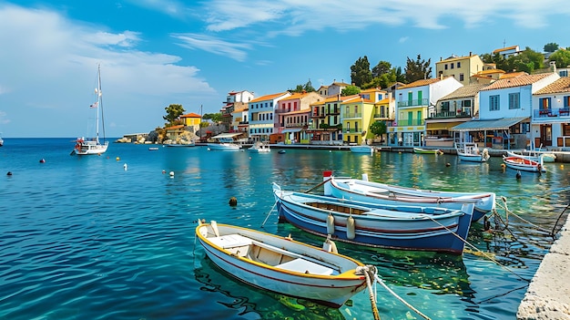 una pintura de barcos en el agua con casas en el fondo