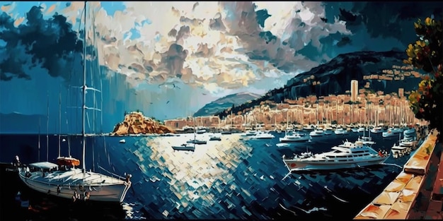 Una pintura de barcos en una bahía con el sol brillando sobre el agua.