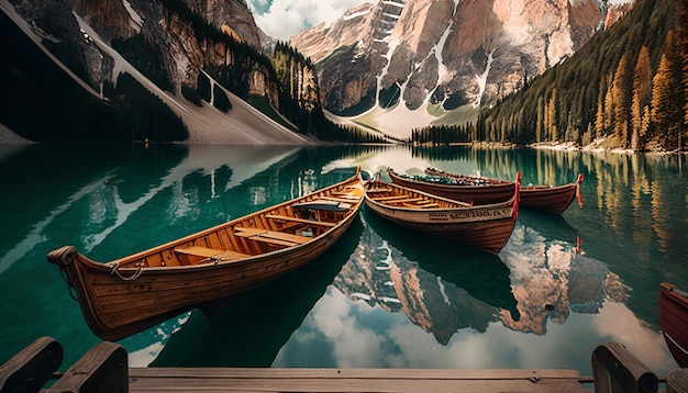 Una pintura de barcos en un lago con montañas al fondo.