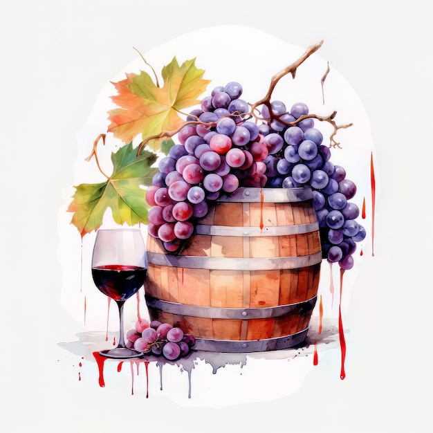 Una pintura de un barril de uvas y una copa de vino.