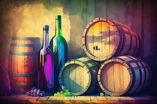 Una pintura de barriles de vino y botellas de vino.