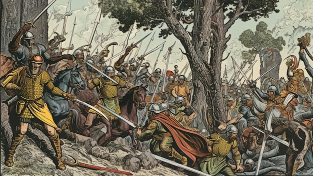 Una pintura de una batalla con la batalla de agincourt.