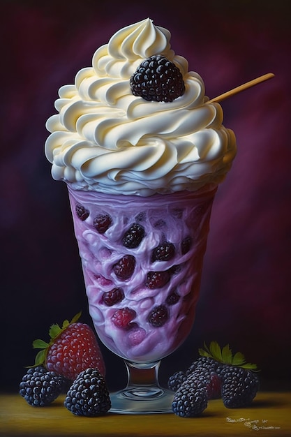 Una pintura de un batido con crema batida y una baya negra encima.