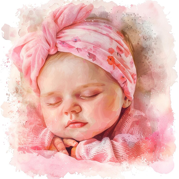 Pintura de un bebé durmiendo con una cinta rosa en la cabeza en generativo ai