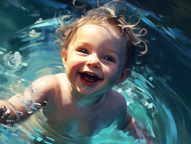 Una pintura de un bebé sonriendo en el agua.