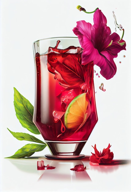 Una pintura de una bebida con una flor y una flor en la parte inferior.