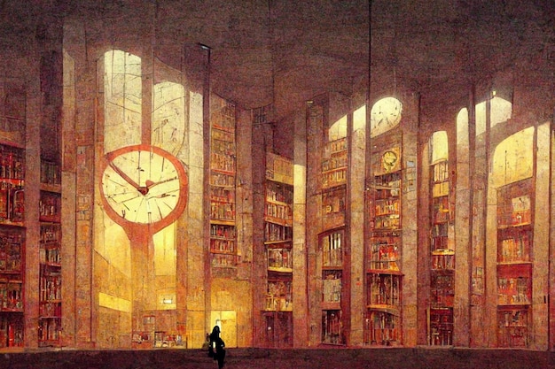 Una pintura de una biblioteca con un gran reloj en el medio.