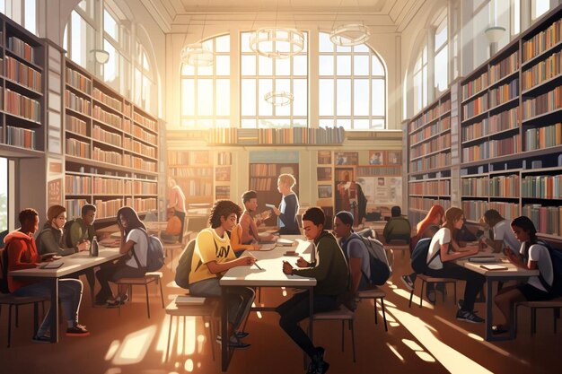 Una pintura de una biblioteca con un grupo de estudiantes en el fondo.