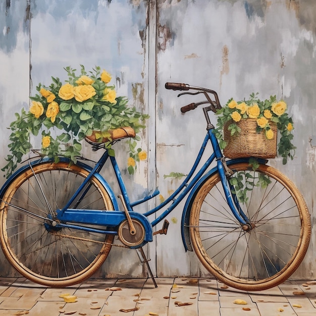 Una pintura de una bicicleta azul con flores amarillas en el frente.