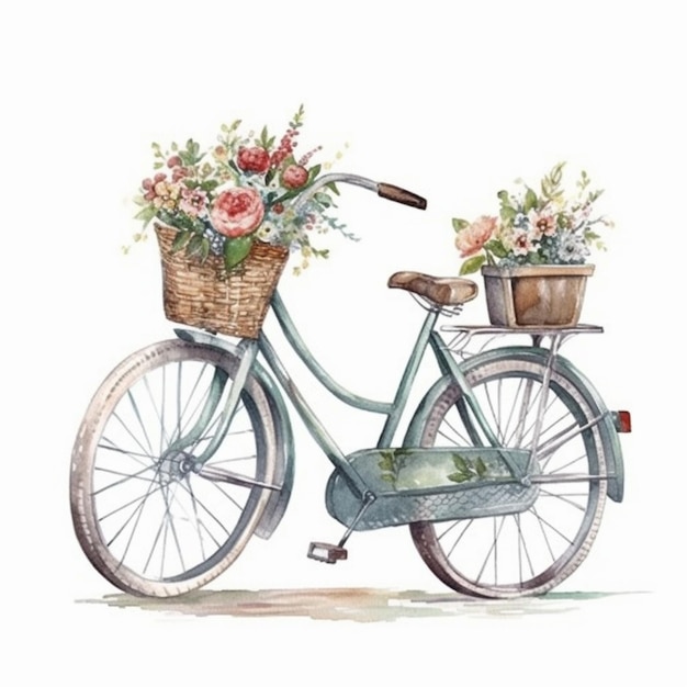 Una pintura de una bicicleta con una canasta de flores en el frente generativo ai