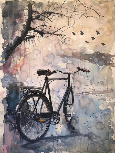 una pintura de una bicicleta con un pájaro volando en el fondo