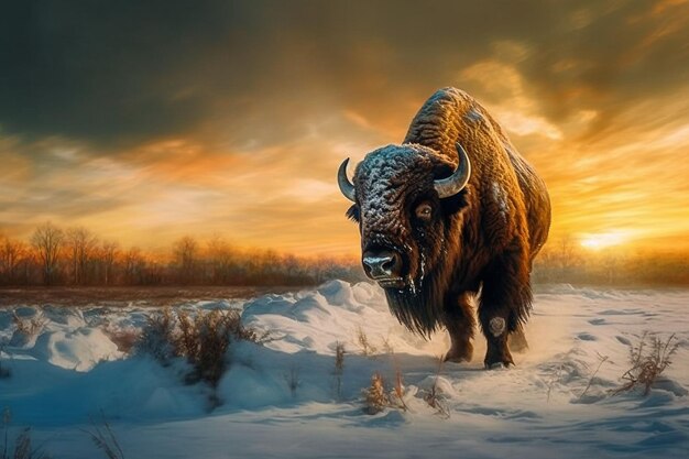 Foto una pintura de un bisonte en la nieve.