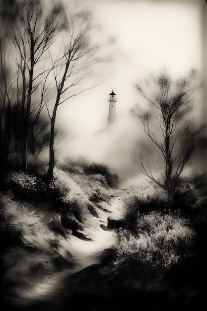 Una pintura en blanco y negro de un faro en la niebla.