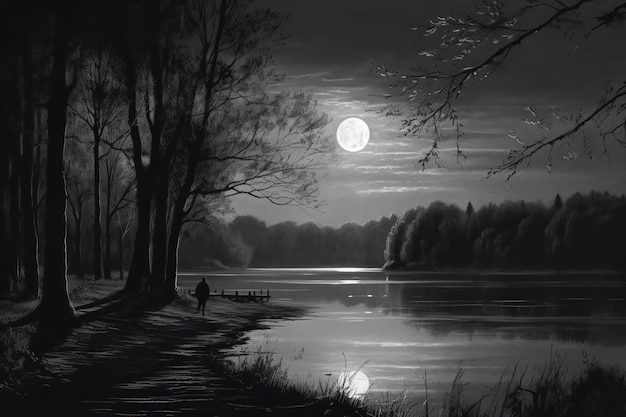 Una pintura en blanco y negro de un lago con luna llena en el cielo.