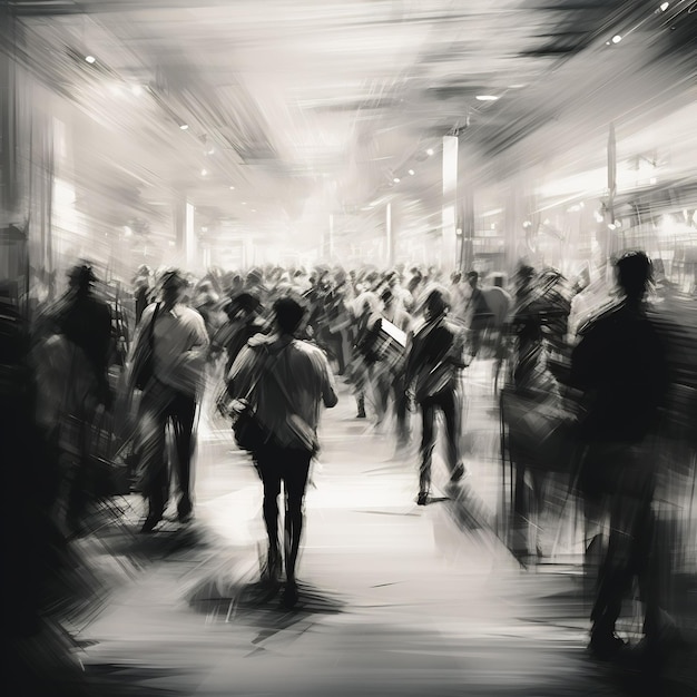 una pintura en blanco y negro de una multitud de personas en una imagen borrosa