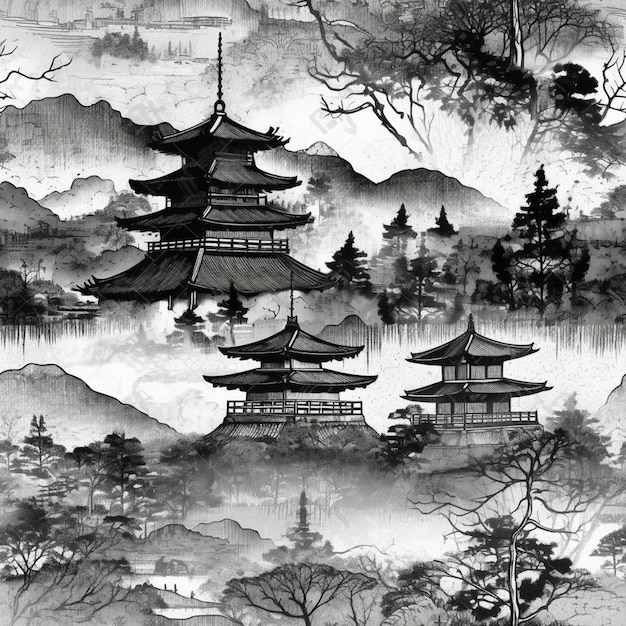 Una pintura en blanco y negro de una pagoda en las montañas generativa ai