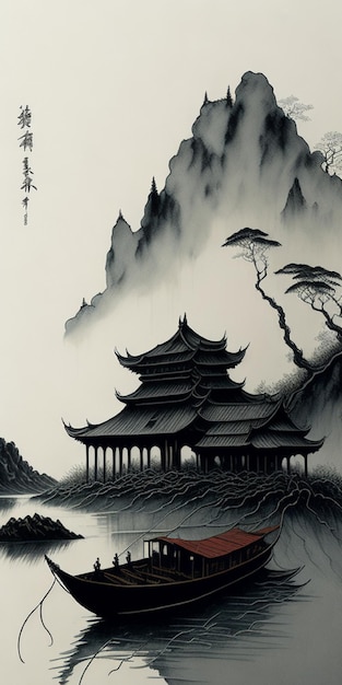 Foto una pintura en blanco y negro de una pagoda en las montañas.