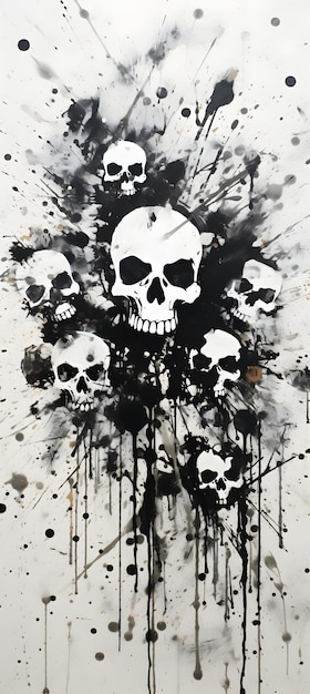 pintura en blanco y negro que muestra calaveras y tibias cruzadas sobre un fondo blanco