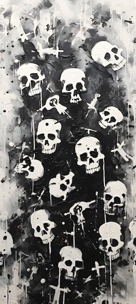 pintura en blanco y negro que muestra calaveras y tibias cruzadas sobre un fondo blanco