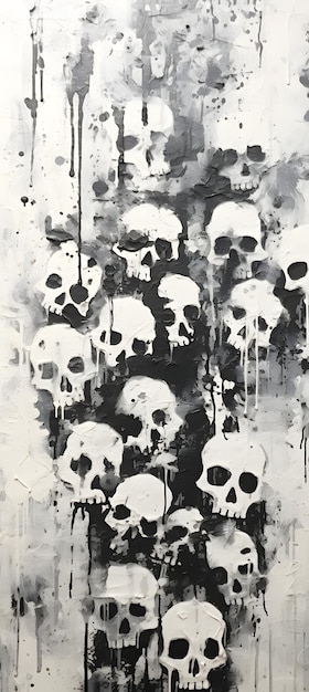 pintura en blanco y negro que muestra calaveras y tibias cruzadas sobre un fondo blanco