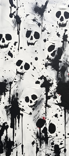 pintura en blanco y negro que muestra calaveras y tibias cruzadas sobre un fondo blanco