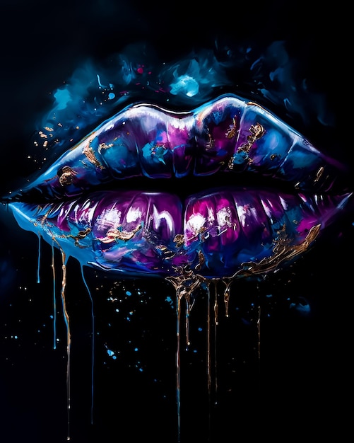 Una pintura de una boca con un labio morado y pintura dorada goteando por los labios.