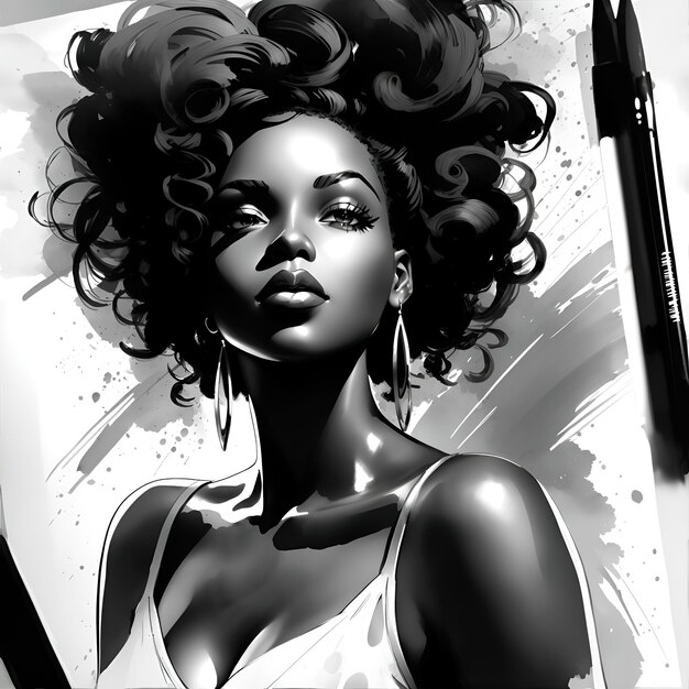 pintura Boceto en tinta de una hermosa mujer negra ilustración digital en blanco y negro