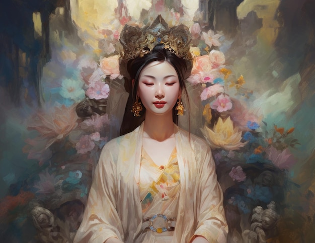 Pintura de un Bodhisattva Guanyin Siéntese en el loto con fondo de flores IA generativa