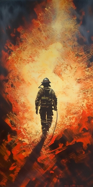 Una pintura de un bombero alejándose del fuego.