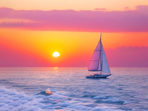 Pintura bonita do pôr-do-sol no oceano com barco a vela
