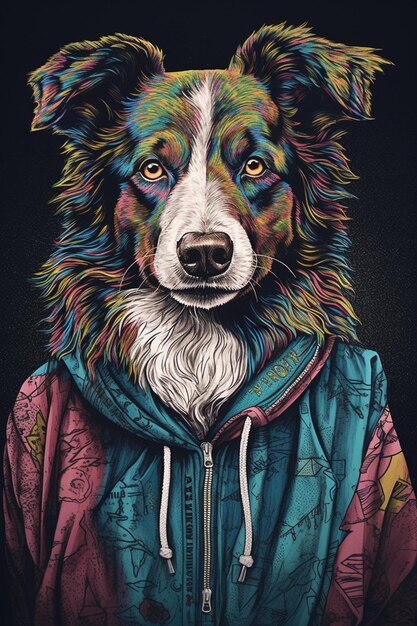 Una pintura de un border collie con sudadera con capucha.