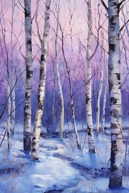 Una pintura de un bosque de abedules en invierno.