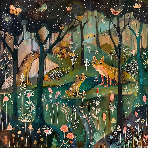 una pintura de un bosque con animales y árboles