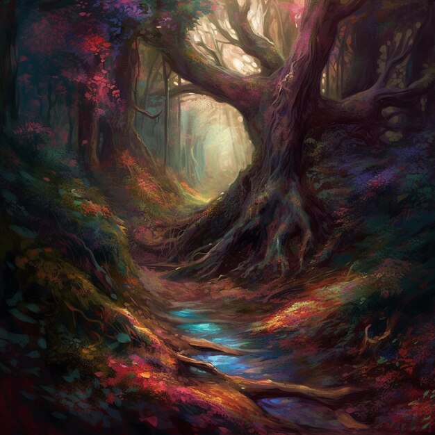 Una pintura de un bosque con un árbol en la parte inferior.