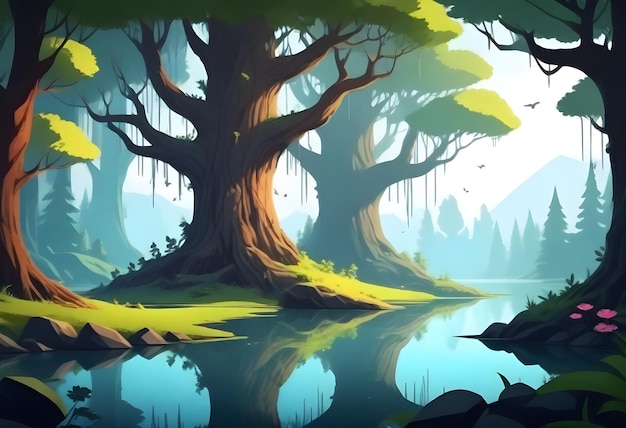 una pintura de un bosque con un árbol y el reflejo de un río