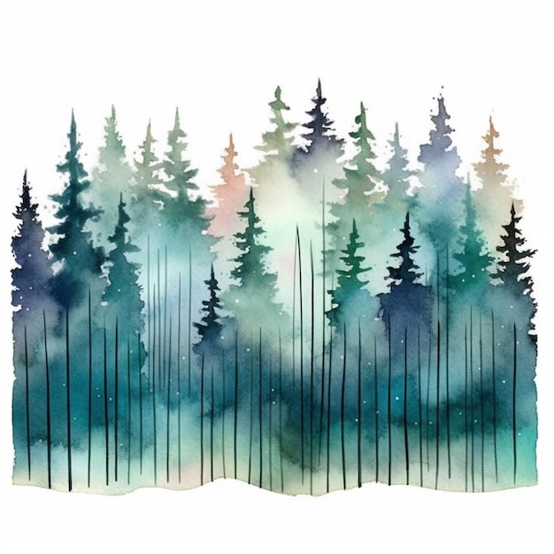 Una pintura de un bosque con árboles y un fondo de cielo generativo ai