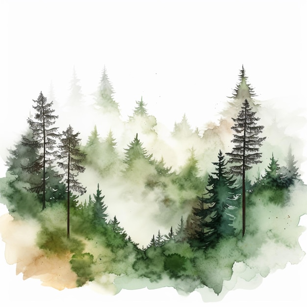 Una pintura de un bosque con árboles y niebla sobre un fondo blanco ai generativo