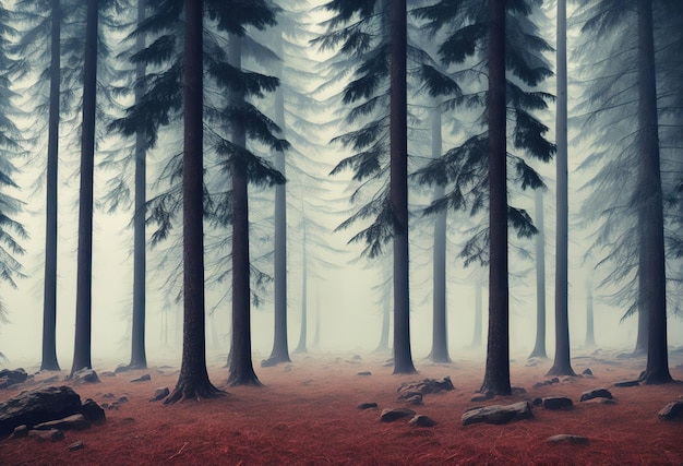 Una pintura de un bosque con árboles en la niebla.