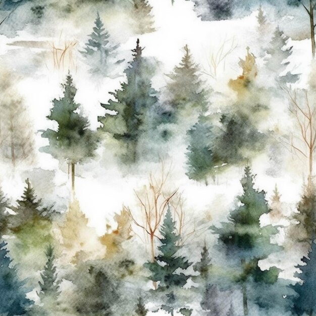 Una pintura de un bosque con árboles y nubes en el fondo ai generativo