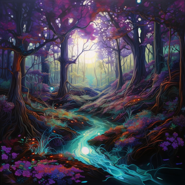 Una pintura de un bosque con un arroyo que lo atraviesa.