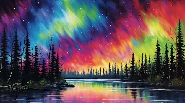 Una pintura de un bosque con la aurora boreal sobre él.