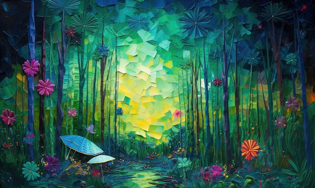 Una pintura de un bosque con un bote en medio