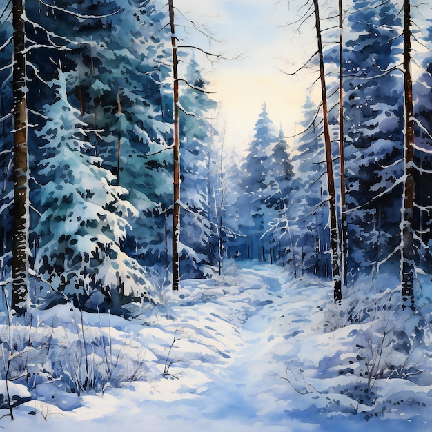 una pintura de un bosque con un camino en la nieve.