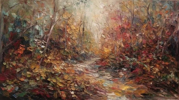 Una pintura de un bosque con un camino que tiene la palabra caída.