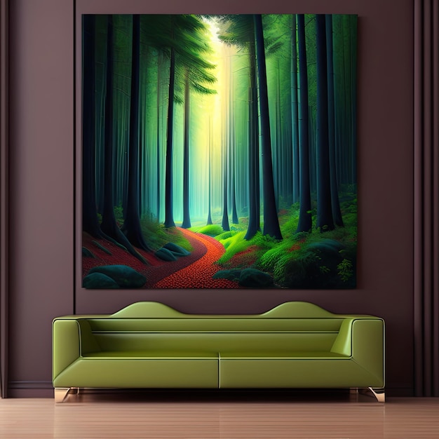 Una pintura de un bosque con un camino rojo encima de un sofá en una sala de estar