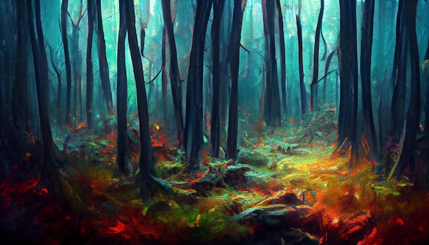 Pintura de un bosque con un camino a través del bosque generativo ai