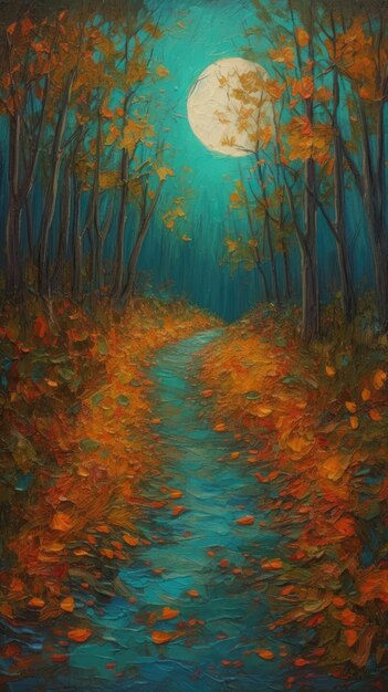 Una pintura de un bosque con un camino.