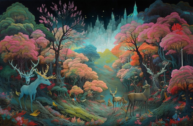 Una pintura de un bosque con un castillo al fondo.